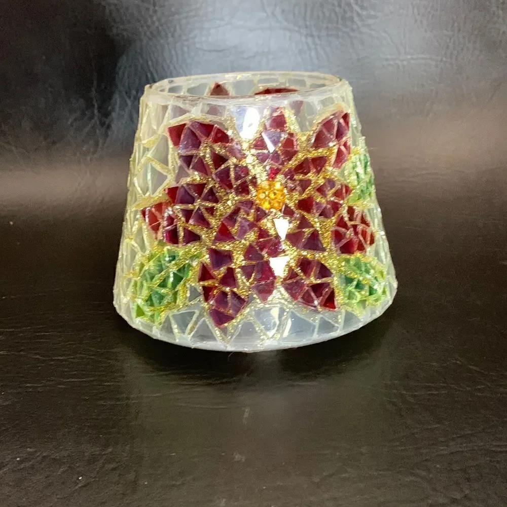Home Interiors USA Poinsettia Red Gold Green Frosted Candle Shade 4 Inches Tall
